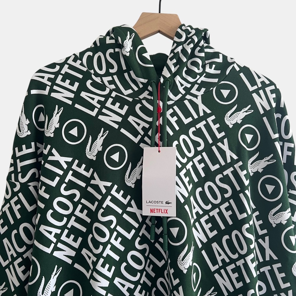Lacoste x Netflix Hoodie 3XL Green Logo Print Organic Cotton Loose Fit NWT